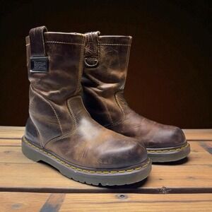 Dr Martens Leather Steel Toe Industrial Boots 7M 8L Brown Workwear Waterproof